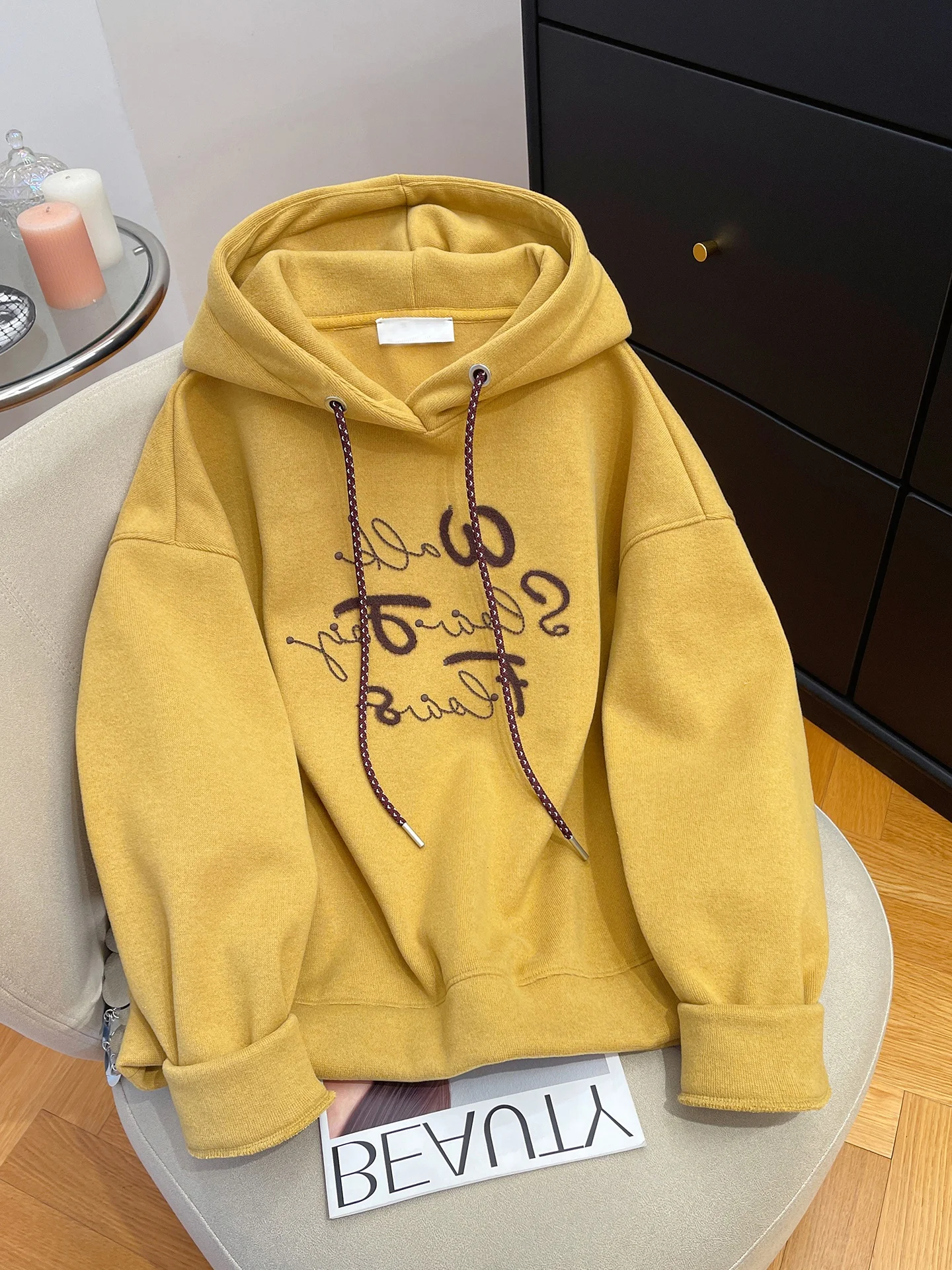

Korean Sle Simple Yellow Letter Print Hoodie Women's Spring Autumn Loose Slimming Versatile Overhead irt Long Sve Commute