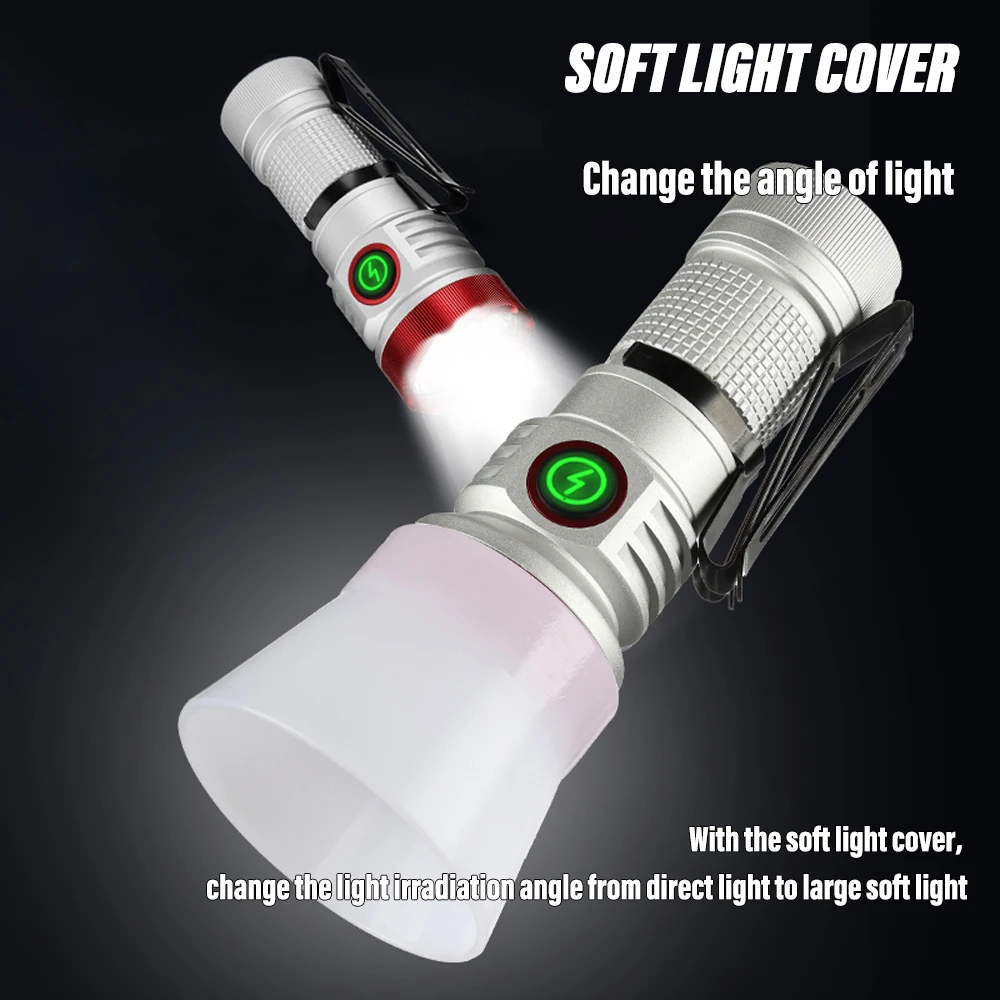 Super Bright LED Flashlight Rechargeable Torch Portable Work Light Outdoor Camping Light with Soft Lampshade Magnet and Hook