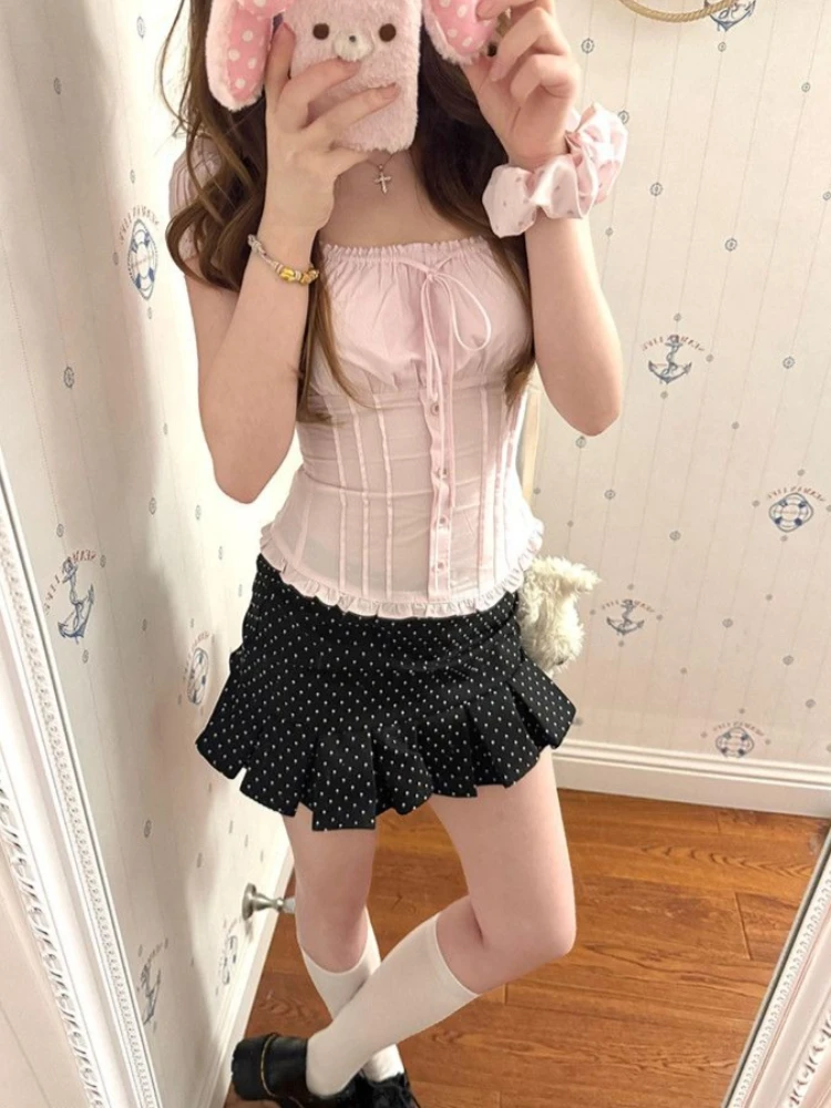 Suit Women's 2026 Summer New Sweet Cute Korean Design Sense Short-sleeved Shirt High Waist Polka-dot Skirt Two-piece Set Female