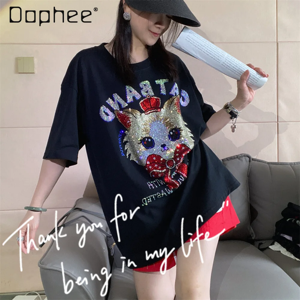 

Black Short-sleeved Women's T-shirt Women Summer Fashionable Loose Medium Length Trendy Brand Cartoon Hot Diamond Cotton Top