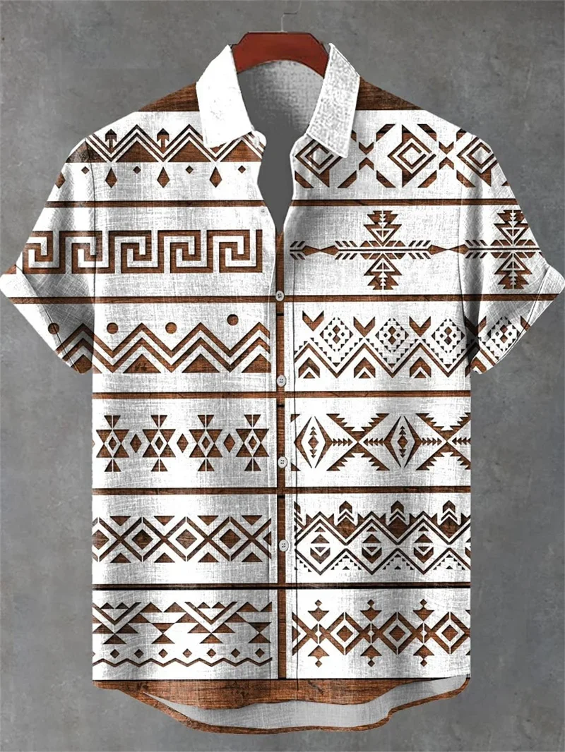 Men's Linen 3D Printed Pattern Lapel Short-sleeved Button-button Pocket Shirt Ethnic Style Private Custom Shirt Slim Beach Top