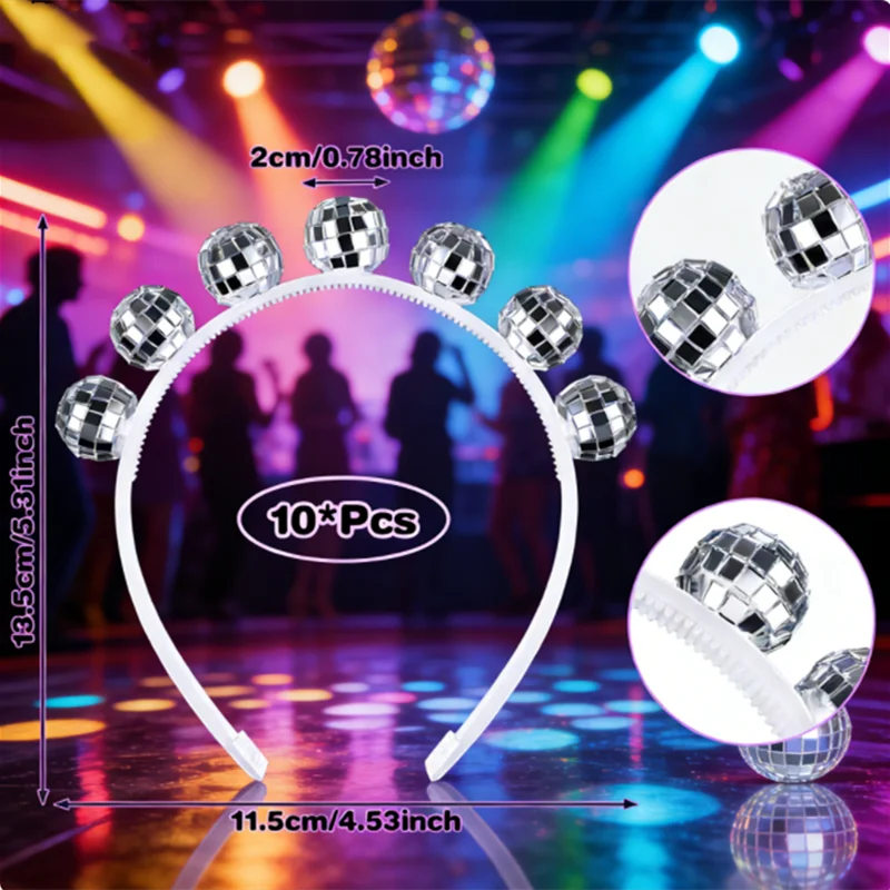 

Набор повязок на голову для дискотеки, 10 шт., создает мгновенное развлечение и гламурные зеркальные шаровые головки для костюмов, аксессуары для тематических вечеринок 70-х годов