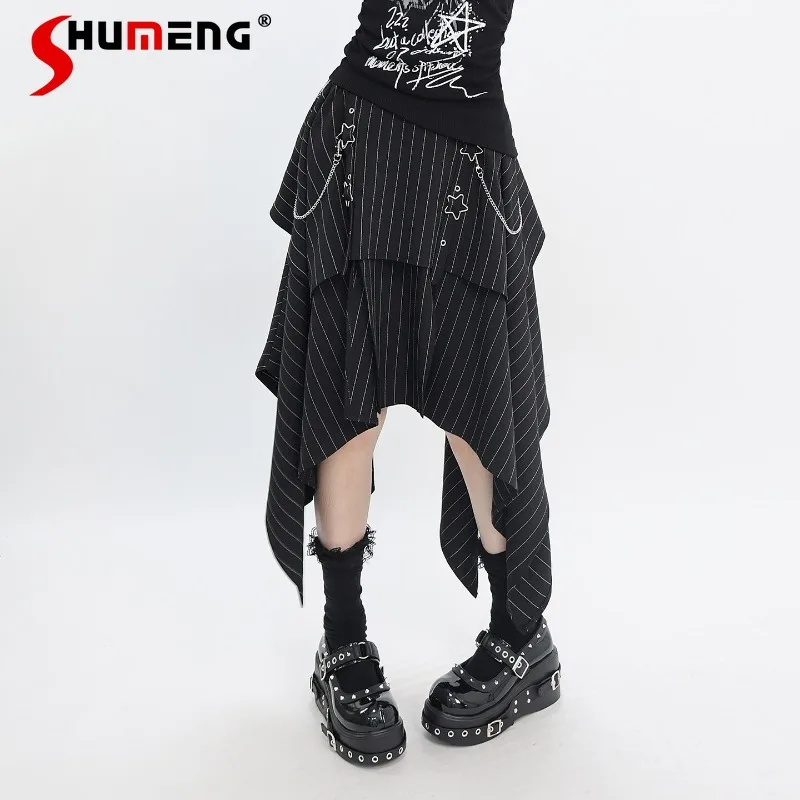 

Юбка Y2K в стиле лайт-панк, асимметричная, двухслойная, с разрезом, длинная, в полоску, с высокой талией, свободного кроя, для женщин, модная, в стиле стритвир