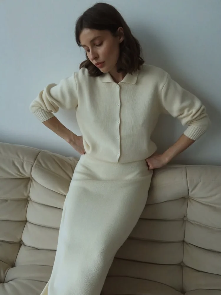 2026 White Lapel Knit Two-Piece Set Polo Collar Button Long Sleeve Cardigan Straight Midi Skirt Minimalist Commute Chic Wear