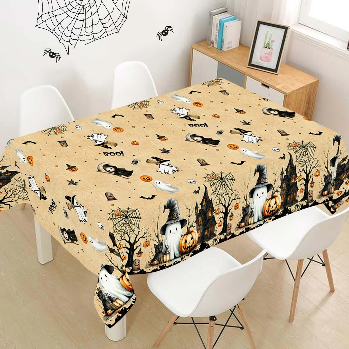 1 Stück Halloween-Tischdecke mit Gruseligen Geistermotiven, Einweg-Plastiktischdecke, Gruselige Spukhaus-Halloween-Tischdekoration – Detail 6