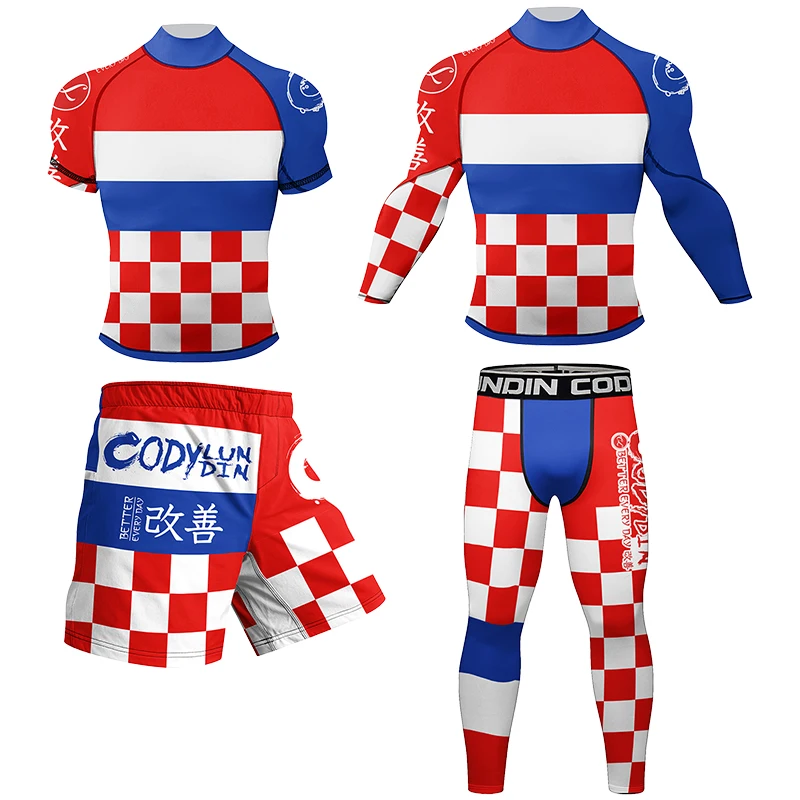 Fighting Red Brazilian Jiu-Jitsu Rashguard Sets Polyester Stretchy Rash Guards Shorts Pants MMA BJJ Sets With Rubber Waistband