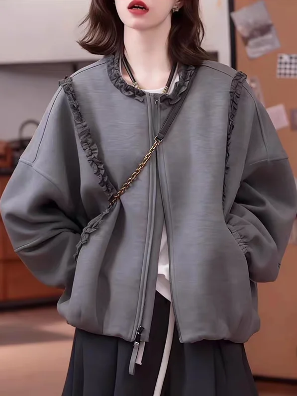 

Укороченная толстовка на молнии с эффектом стройности, женская, весна-осень, большие размеры, с узором под дерево, повседневный топ