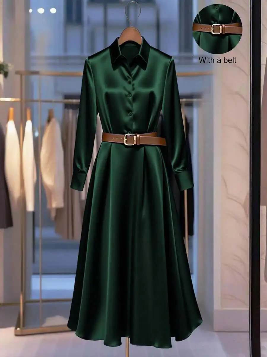 

Women's Sheath Dress Business Casual Work Dress Elegant Satin Blue Maxi Dress With Lapel Belt For Women Autumn