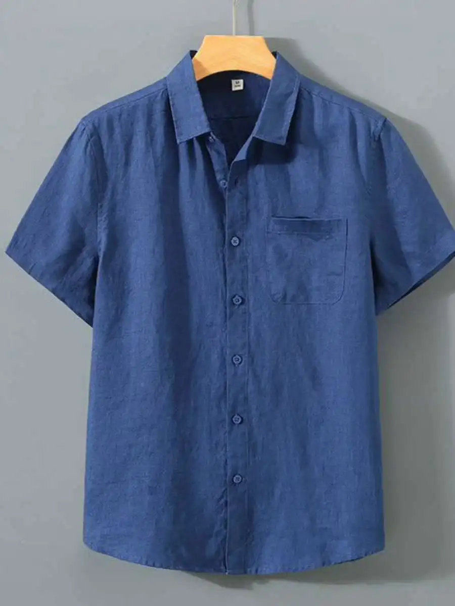 Summer Linen Shirt Men's Short Sleeve Thin Loose Linen Material Casual Cotton Linen Shirt Double Layer Collar  Color