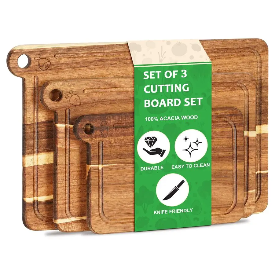 

Pack Cutting Board Set, Acacia Wood Cutting Boards for Kitchen, Chopping Board with Deep Juice Grooves amp Builtin Handle, Charc