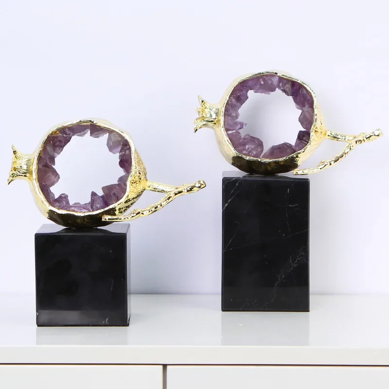 

Gem Pomegranate Natural Crystal Pomegranate Artificial Fruit Sculpture Metal Handicraft Decorative Figurines Home Decoration