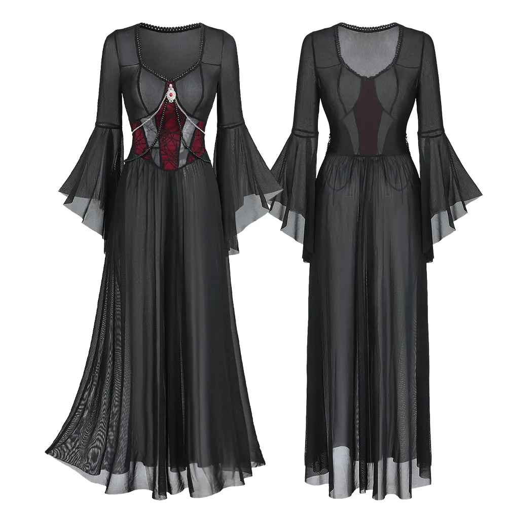 ROSEGAL Gothic Dresses For Girls, Black Flare Sleeves Spider Web Beading Chain Sexy Lace Sheer Mesh See Through Dress Vestidos