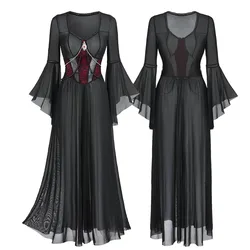 Gothic Dresses For Girls, Black Flare Sleeves Spider Web Beading Chain Sexy Lace Sheer Mesh See Through Dress Vestidos