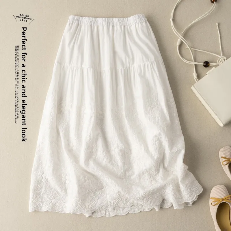 Pure Cotton Embroidered A-Line Skirt High Waist Midi Skirt Retro Sle Spring Summer New Arrival Women's Faion Artistic