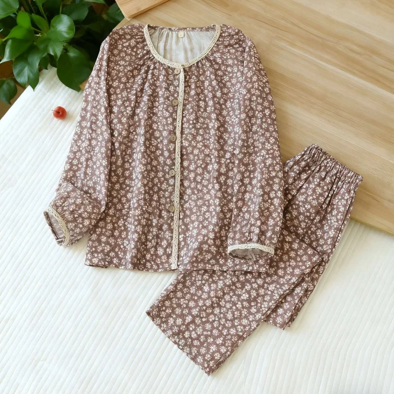

2025 New Spring and Autumn Women's Pajama Set 100% Cotton Gauze Floral Long Sleeve Long Pants Two Piece Set Loose Home Clothes