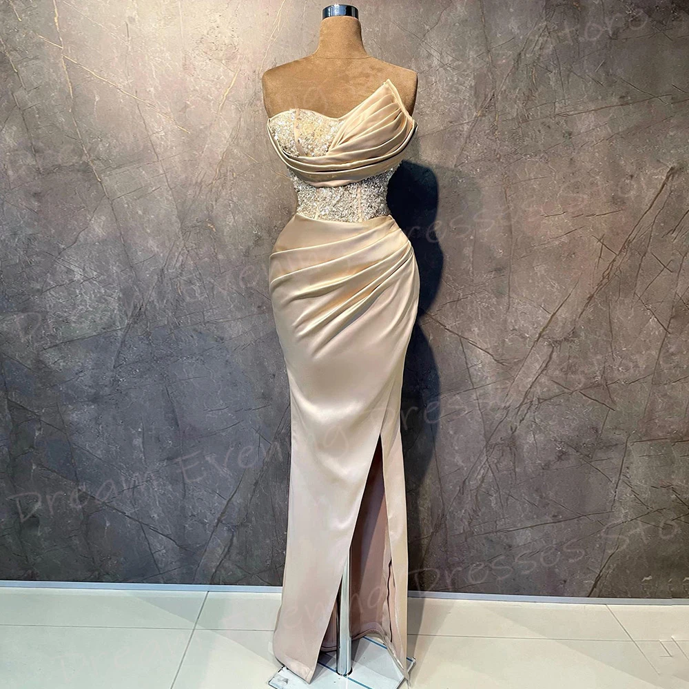 

Pretty Modern Women's Mermaid Charming Evening Dresses Classic Strapless Beaded Prom Gowns Split Pleated Robe De Soiree Femmes