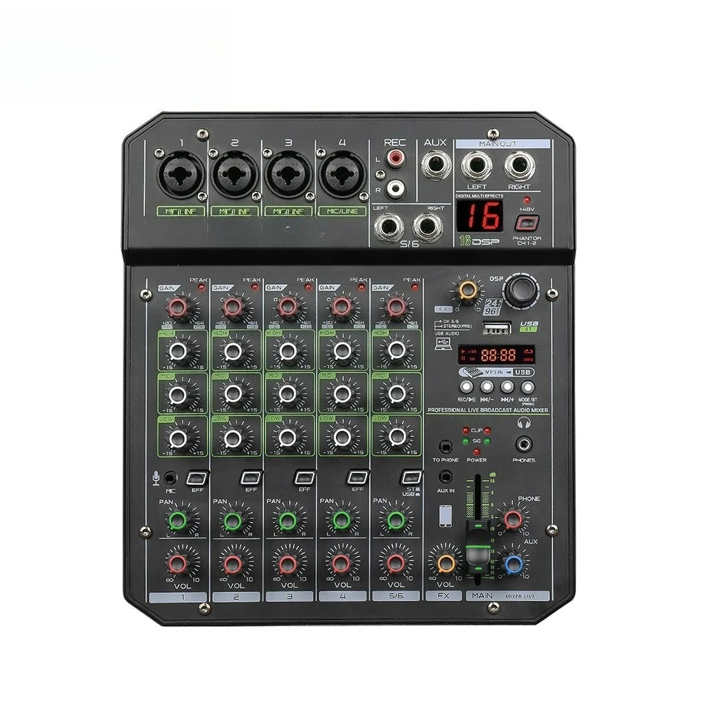 6-way small Bluetooth mixer, digital effect device, built-in sound card can be connected to a computer