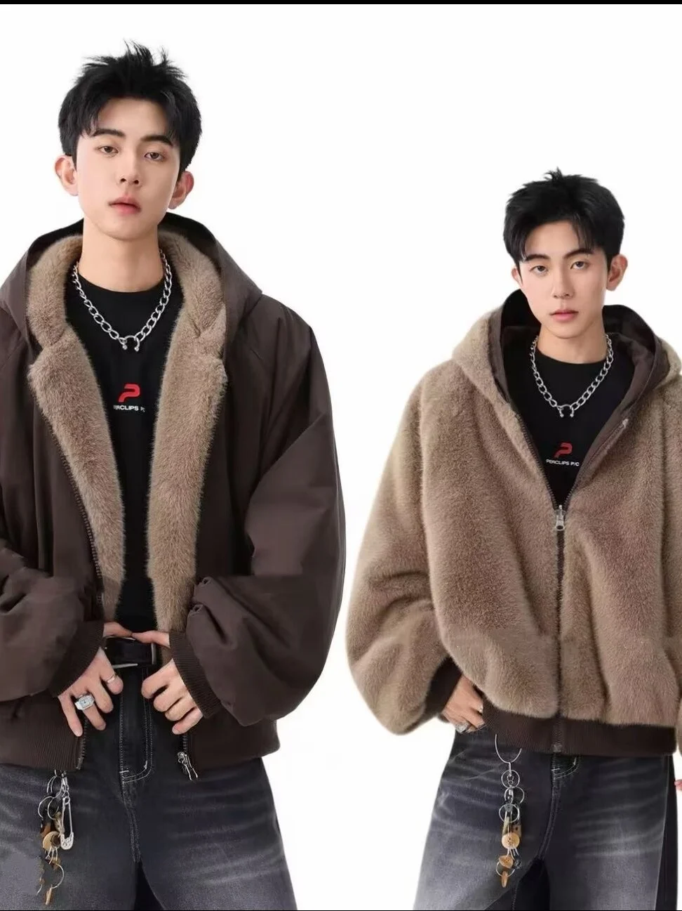 

Double-Sided Wear Lamb Velvet Cotton Jaet Men's Trendy Brand INS Winter Cotton Coat Fce Lined Thiened Stand Collar Cou...