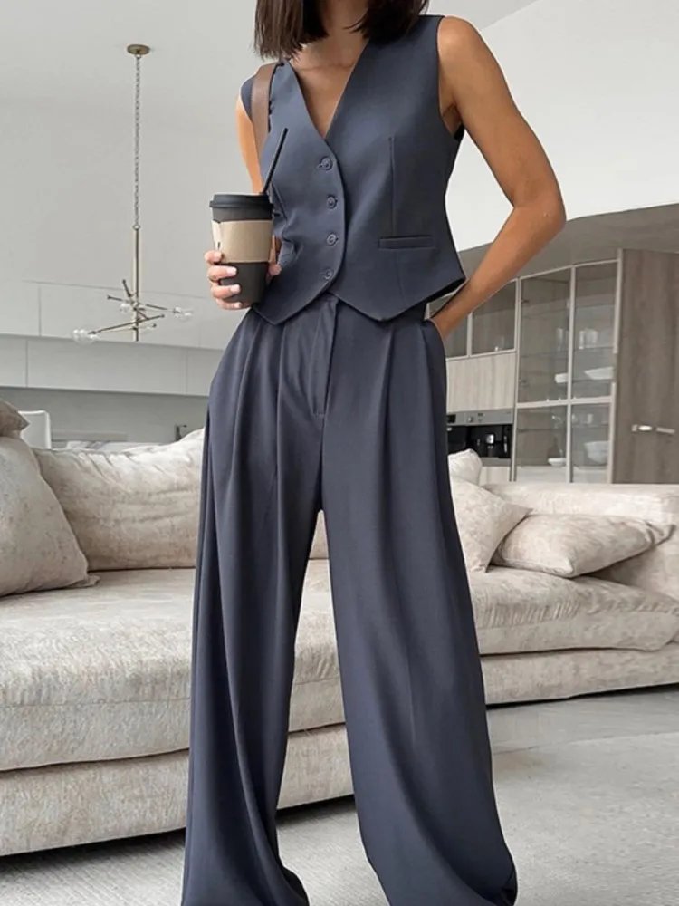 

Summer New V-neck Sleeveless Vest Draping Wide-leg Casual Trousers Set Simple Fashion Comfortable Solid Color Two-piece Sets