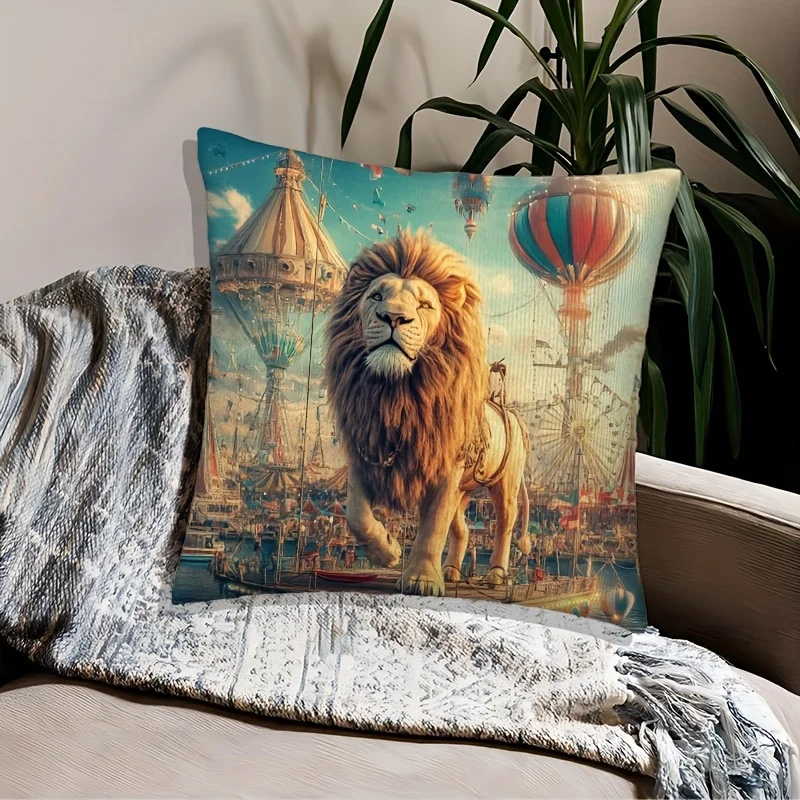 Vintage Circus Lion Hot Air Balloon Fantasy Print Cushion Cover Wild Animal Throw Pillow Cover Sofa Home Decor