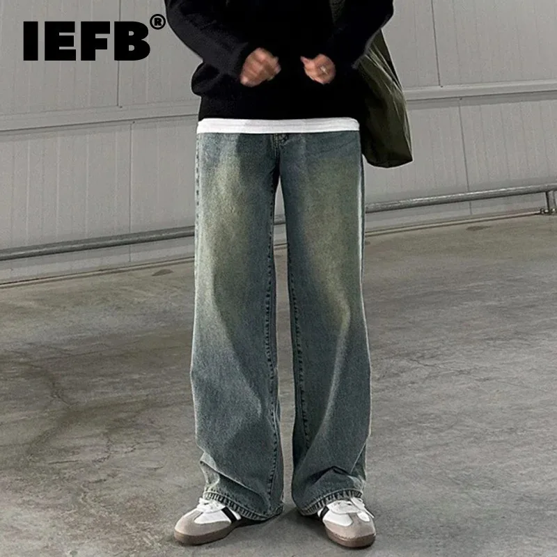 Iefb moda lavada baggy jeans masculino casual calças de perna larga tendência solta calças jeans retas vintage masculino coreano 9c1106