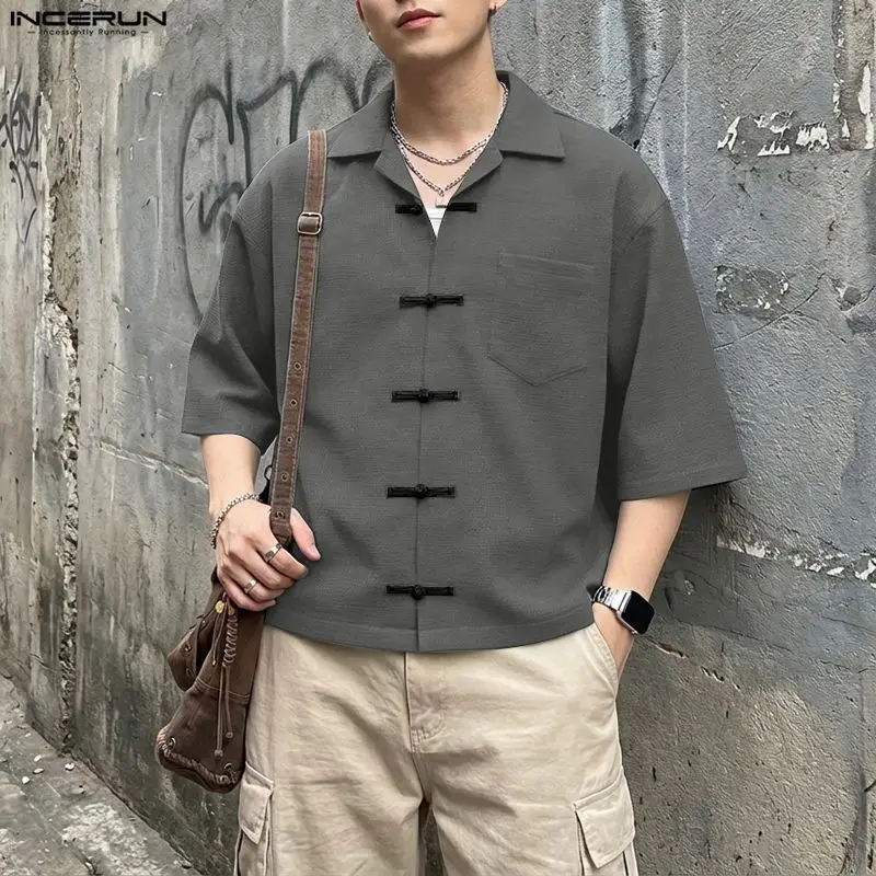 

INCERUN Men's Shirt Color-block Button Lapel Half Sleeve Tops Menswear Clothing Streetwear Loose Vintage Casual Shirts For Man