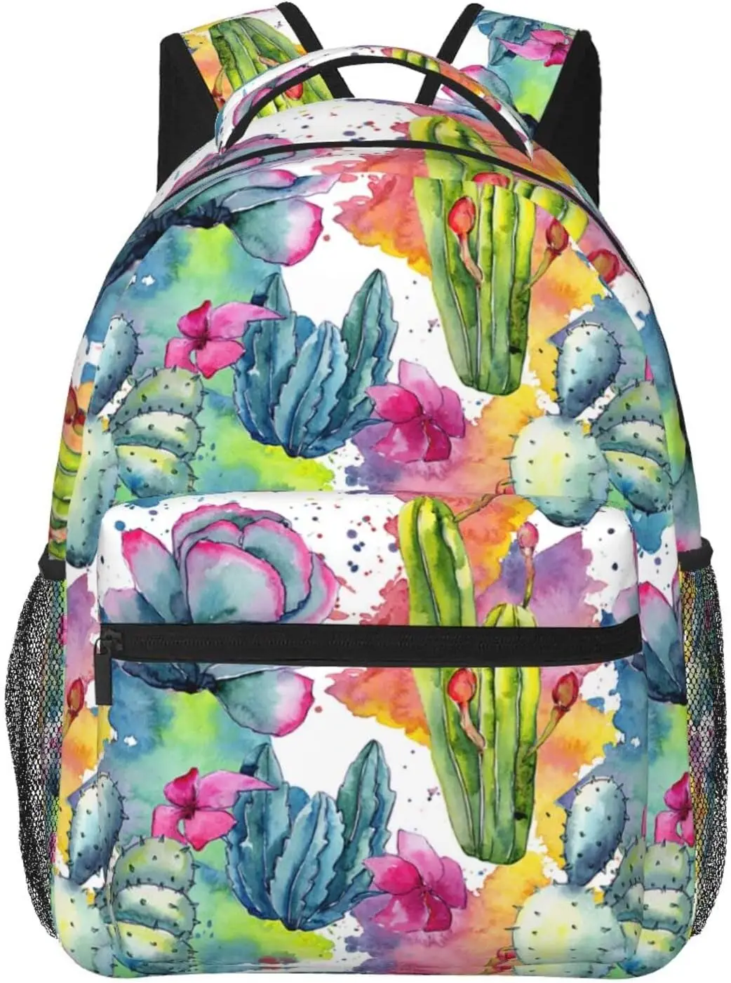 Exotic Wildflower Cactus Pattern Watercolor Style Stylish Casual Backpack Purse Laptop Backpacks Pockets Computer Daypack