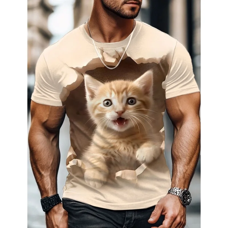 Cute Aggrieved Cat Pattern T Shirt For Men Funny Animals 3D Printed Tees Casual Short Sleeve Round Neck Tops Street T-Shirts