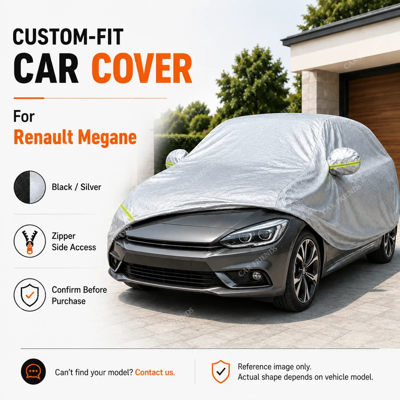 For Renault Megane Custom Fit Full Car Cover Silver-Coated Oxford Fabric Side Zipper Access UV Protection Reflective Strips