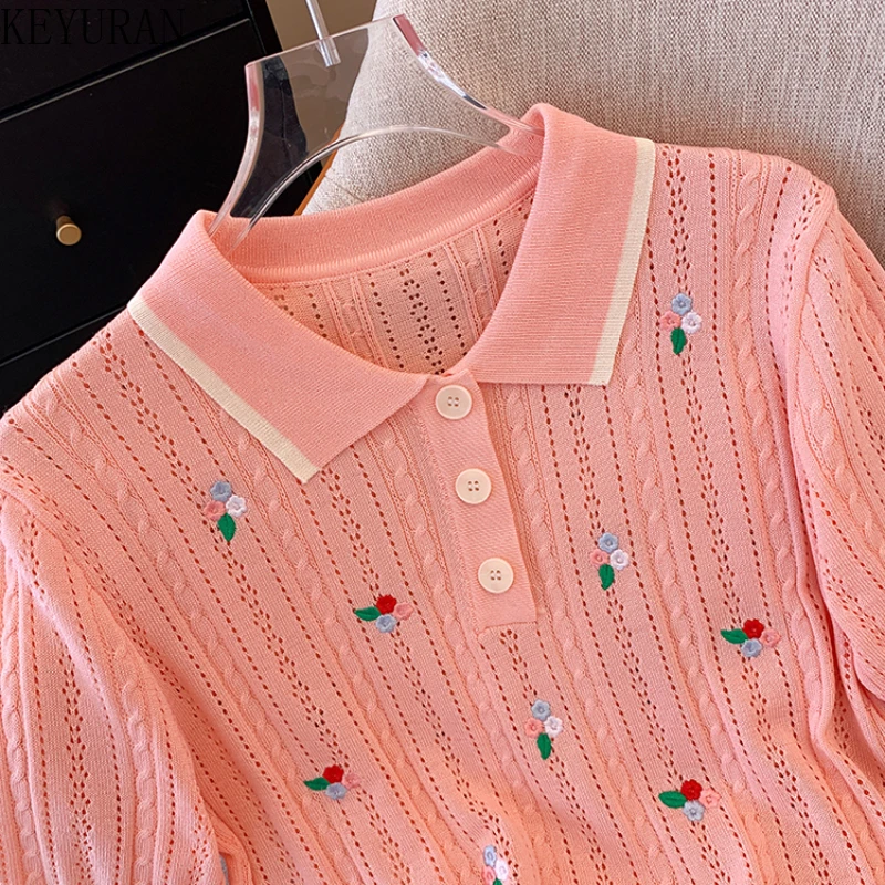 2024 Spring Summer Flower Short Sleeve Sweater Women Knit T-Shirt Thin Hollow Out Polo Collar Pullover Knitwear Tops Tees Jumper