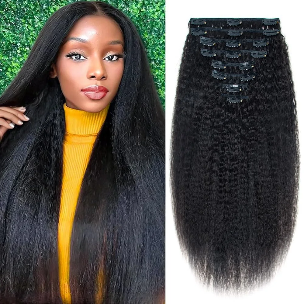 

22-32 Inch Kinky Straight 8 Pcs with 18 Clips in Hair Extensions 100% Real Remy Human Hair Extension For Women Natural Colored