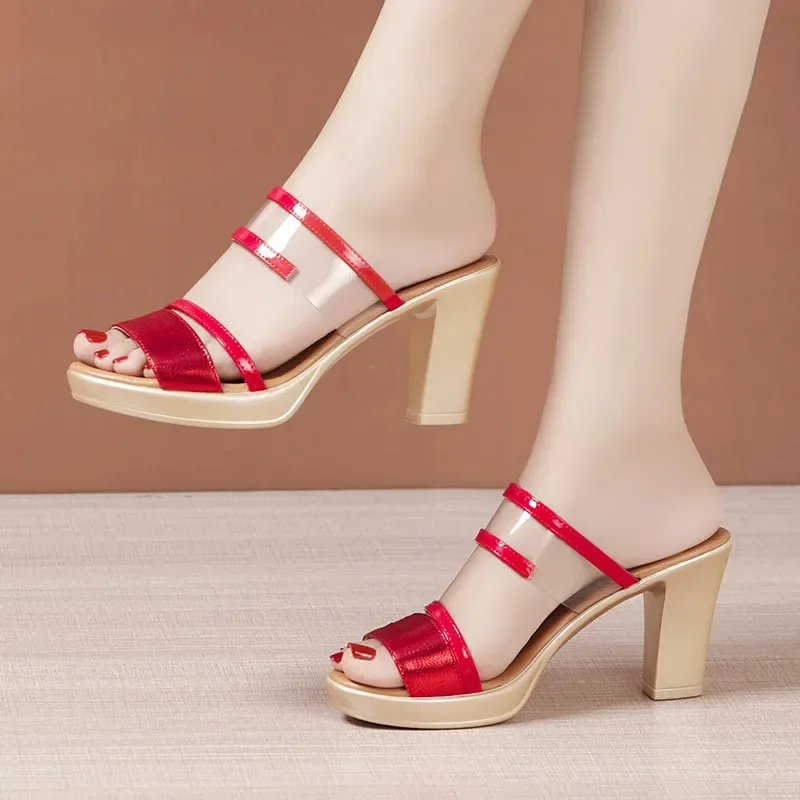 Golden Black Plus Size Thick Heels Slippers Women's 2025 Summer Transparent Strap High Heels Shoes Woman Slip On Sandals