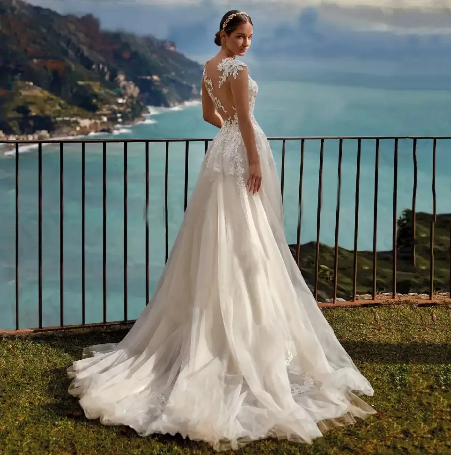 Винтажное свадебное платье трапециевидной формы с прозрачным вырезом и кружевной аппликацией, иллюзия на пуговицах сзади, свадебные платья невесты в стиле бохо, Vestidos De Noiva