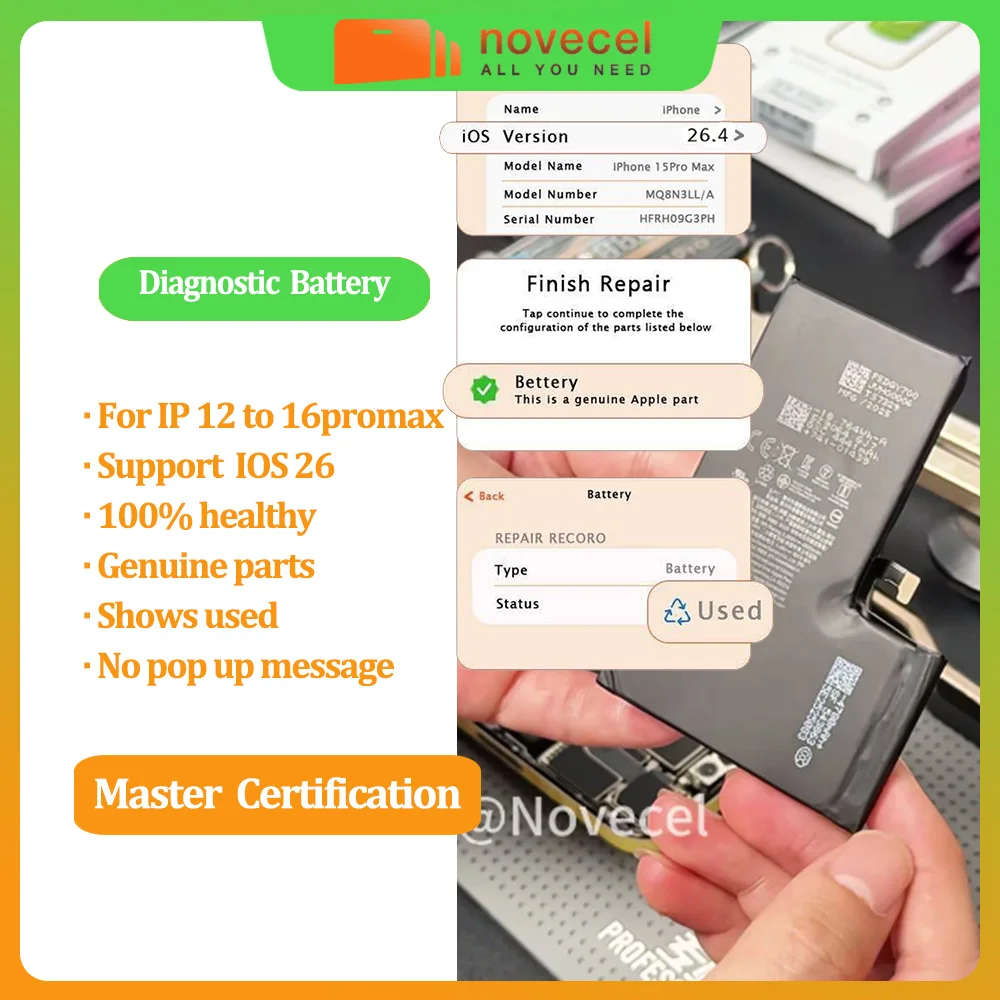 Diagnostic Battery for iPhone 12/13/14/15 Pro Max Mini No Unknown Part 0 Cycle 100% Health No Pop up Message Work for IOS 18&26