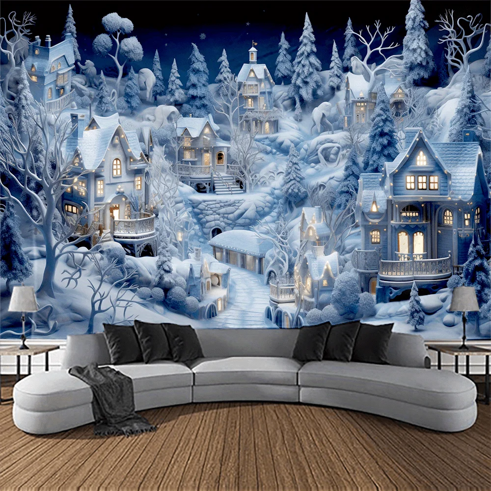

Christmas Snow Scene Wall Tapestry, Winter Wonderland Backdrop, New Year Wall Hanging Decor for Living Room, Best for Christmas