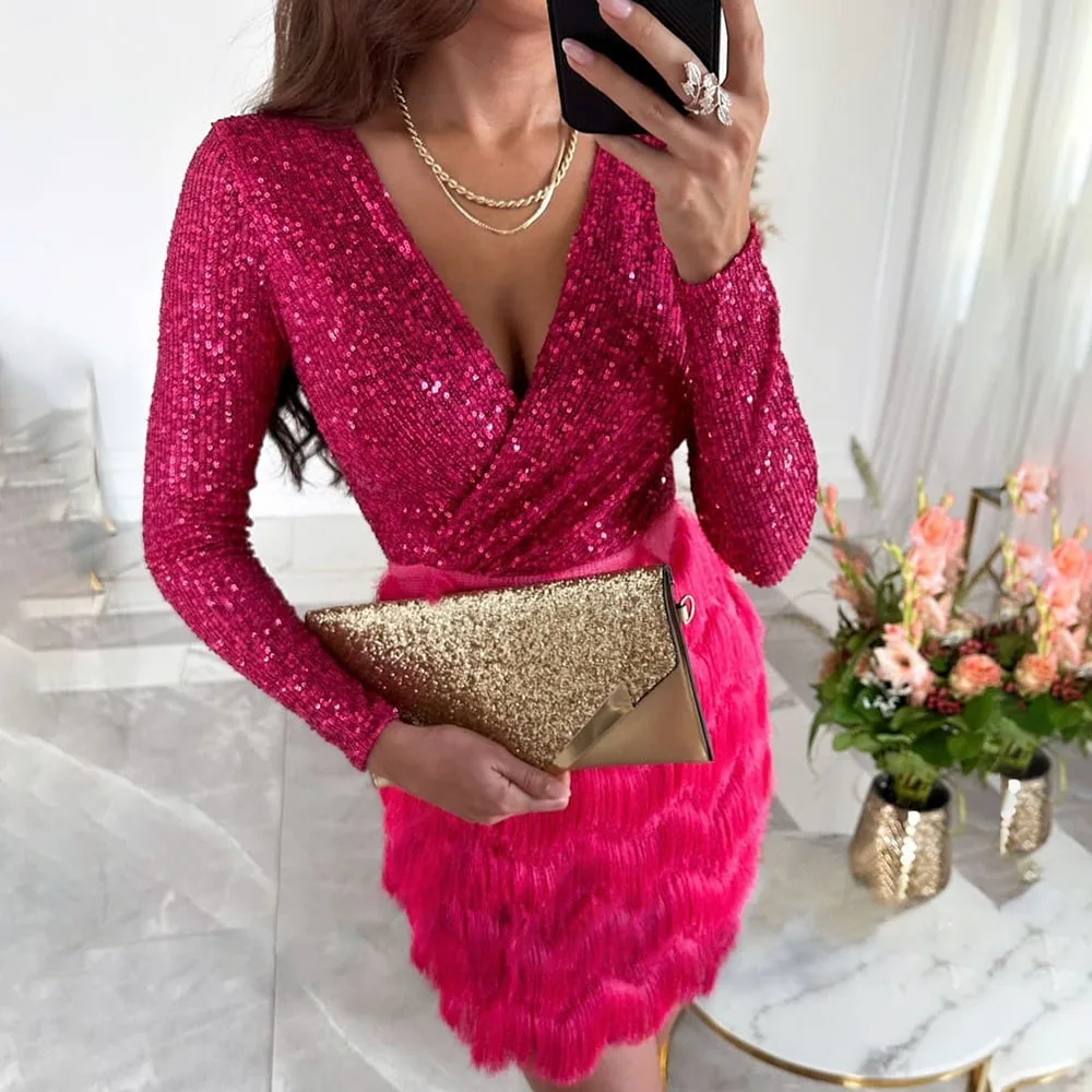 Women's Dress Autumn And Winter New Fashion Deep V-neck Long Sleeve Party Sequined Multi-color Mini Dresses For Women Vestidos