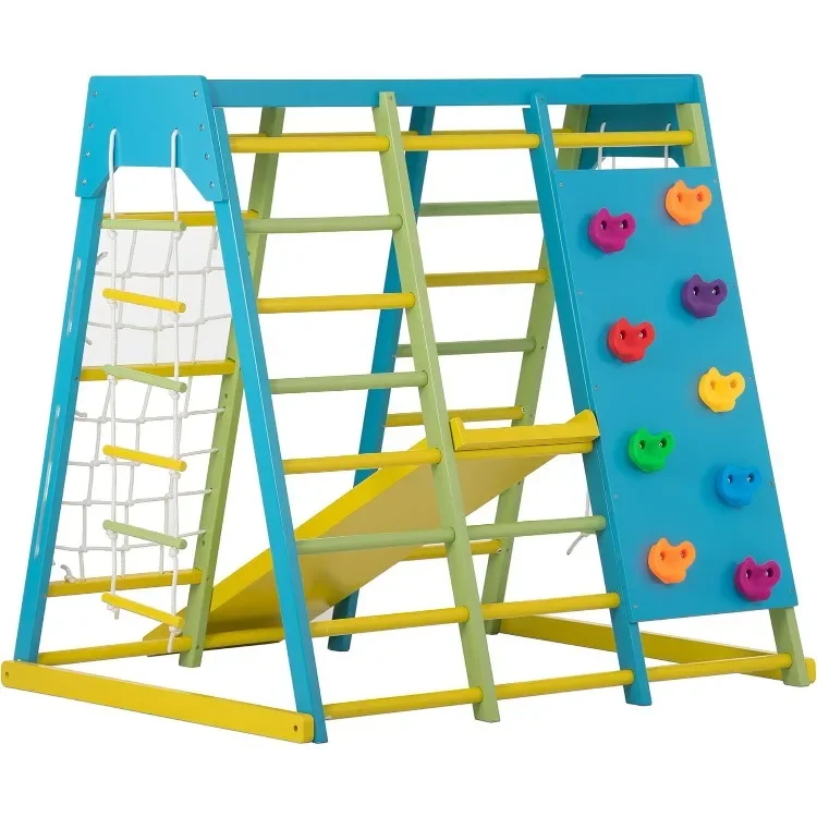 Magnolia Indoor Playground 6-in-1 Jungle Gym Montessori Waldorf Style Wooden Climber Playset Slide, Rock Climbing Wall, Rope