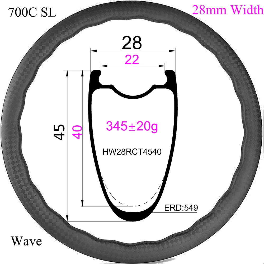 345g Wave Rim T800 Super light 700C Gravel Bike Rim Disc Brake 28mm Wide 35/40/45/50/65mm Depth 24holes Tubeless Carbon rims