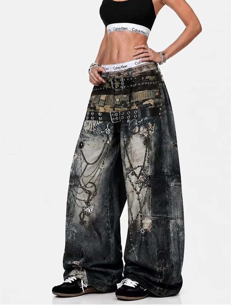 Women's Fashionable Printed Patterns Street Pants Casual Bottoms High Waist Thin Trousers Female Unisex Wide Leg Sweatpants