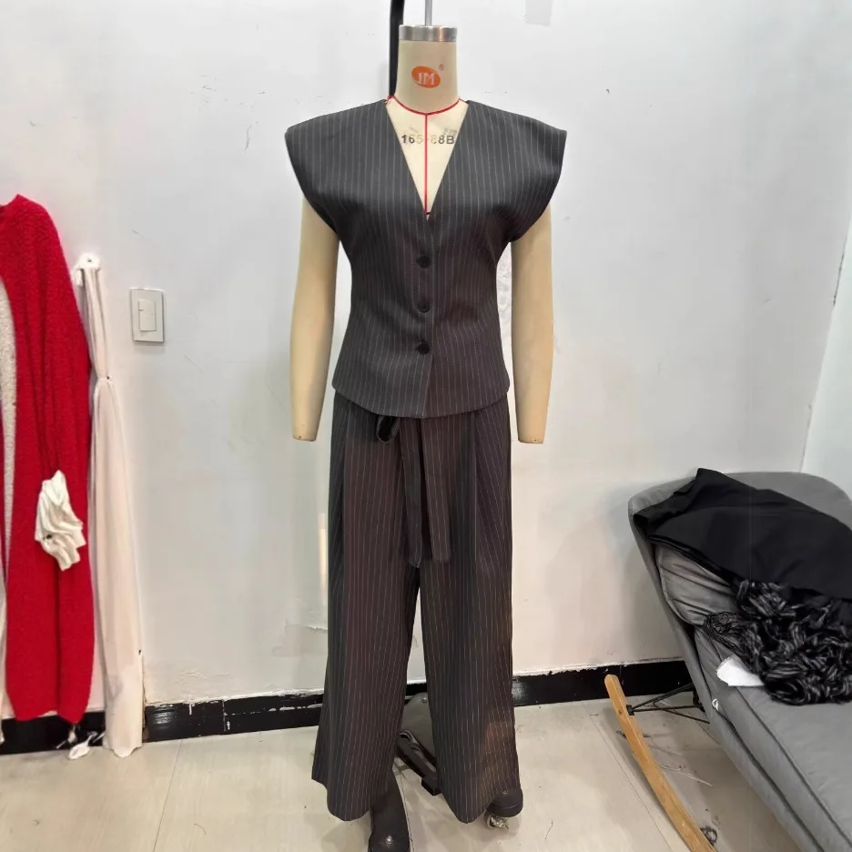 Cross-Border Organic Cotton Casual Pants for Women with Pleats Drapey Striped Professional Commuter Style Loose Fit Summer