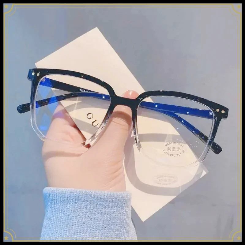 Unisex Glossy Black Square Anti Blue Light Glasses, Metal Rivet Decor PC Frame Clear Lens Computer Eyewear, Face Slimming Optical Spectacle Eyeglasses for Office Student Daily