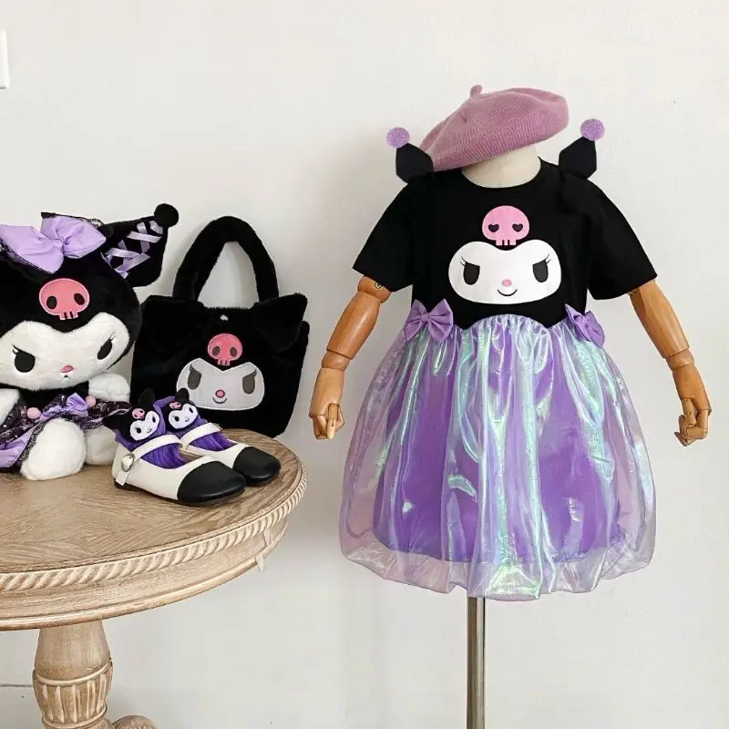 Sanrio Kawaii Kuromi Cartoon Girls Mesh Bud Dress Summer Anime Girly Heart Cute Sweet Kids Abito da principessa a maniche corte