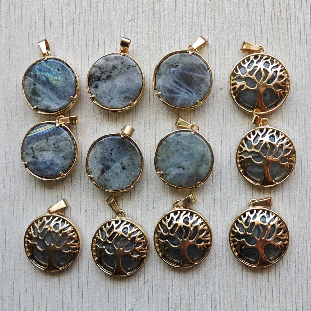 

Natural Labradorite gold-plated alloy tree of life stone Pendants for jewelry accessories making free shipping Wholesale 12pcs