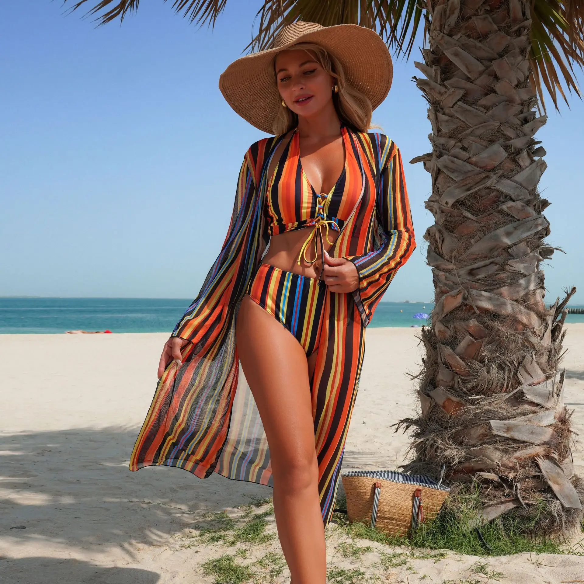 

Sexy Halter Push Up Bikini Lace Up 3 Piece Swimsuit with Mesh Long Sleeve Cover Up Striped Bathing Suit Women Beachwear Bather