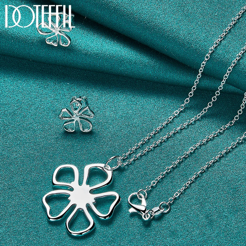 DOTEFFIL 2pcs 925 Sterling Silver Flower Necklace Earring Set For Women Wedding Engagement Party Jewelry