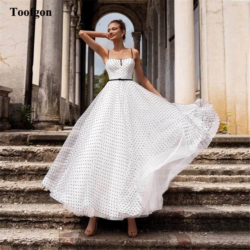 Toofgon Ivory Black Dots Tulle Wedding Dresses 2024 Spaghetti Straps Buttons Bride Dress Formal Bridal Gowns robe de mariée