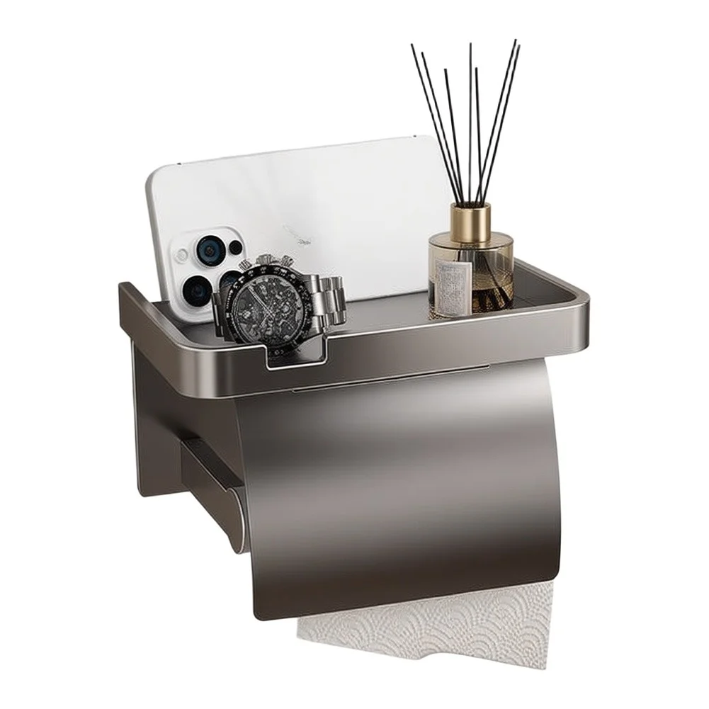 Toilet Paper Dispenser with Lid and Built-in Shelf - Self-Stick Aluminum Holder for Humid Bathrooms 18.5 cm x 9 cm x 9 cm