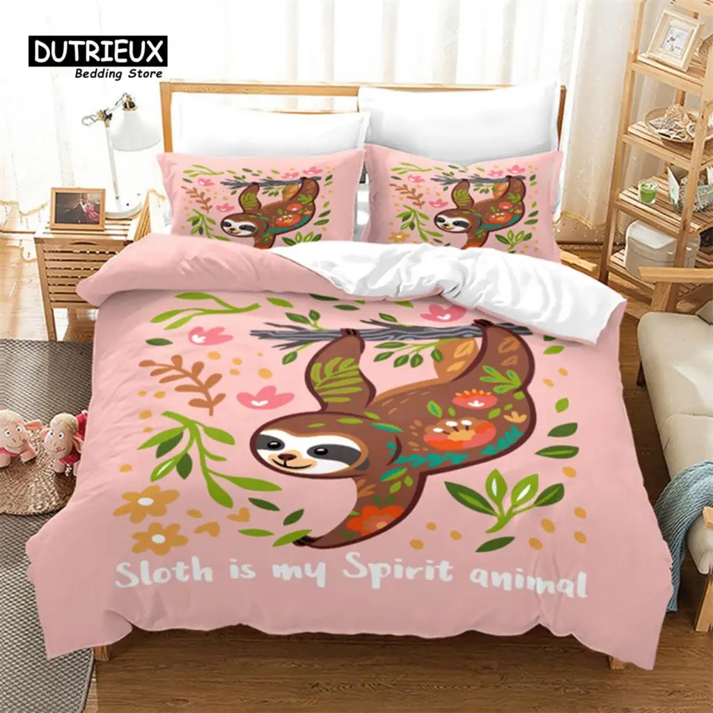 Cute Cartoon Sloth Duvet Cover Floral Leaves Print Bedding Set For Kids Teens Bedroom Decor Flowers Comforter Cover Pillowcases