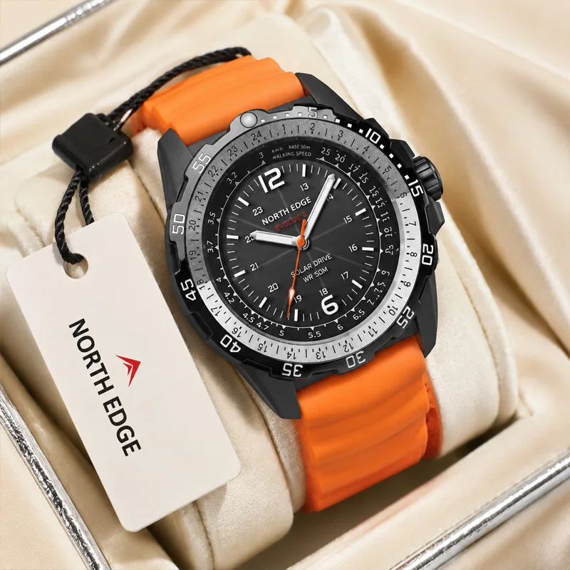 NORTH EDGE EVOQUE2 Solar Powered Watch 50M Waterproof Military Tactical Watch Luminous Quartz Outdoor Sports Silicone Wristwatch