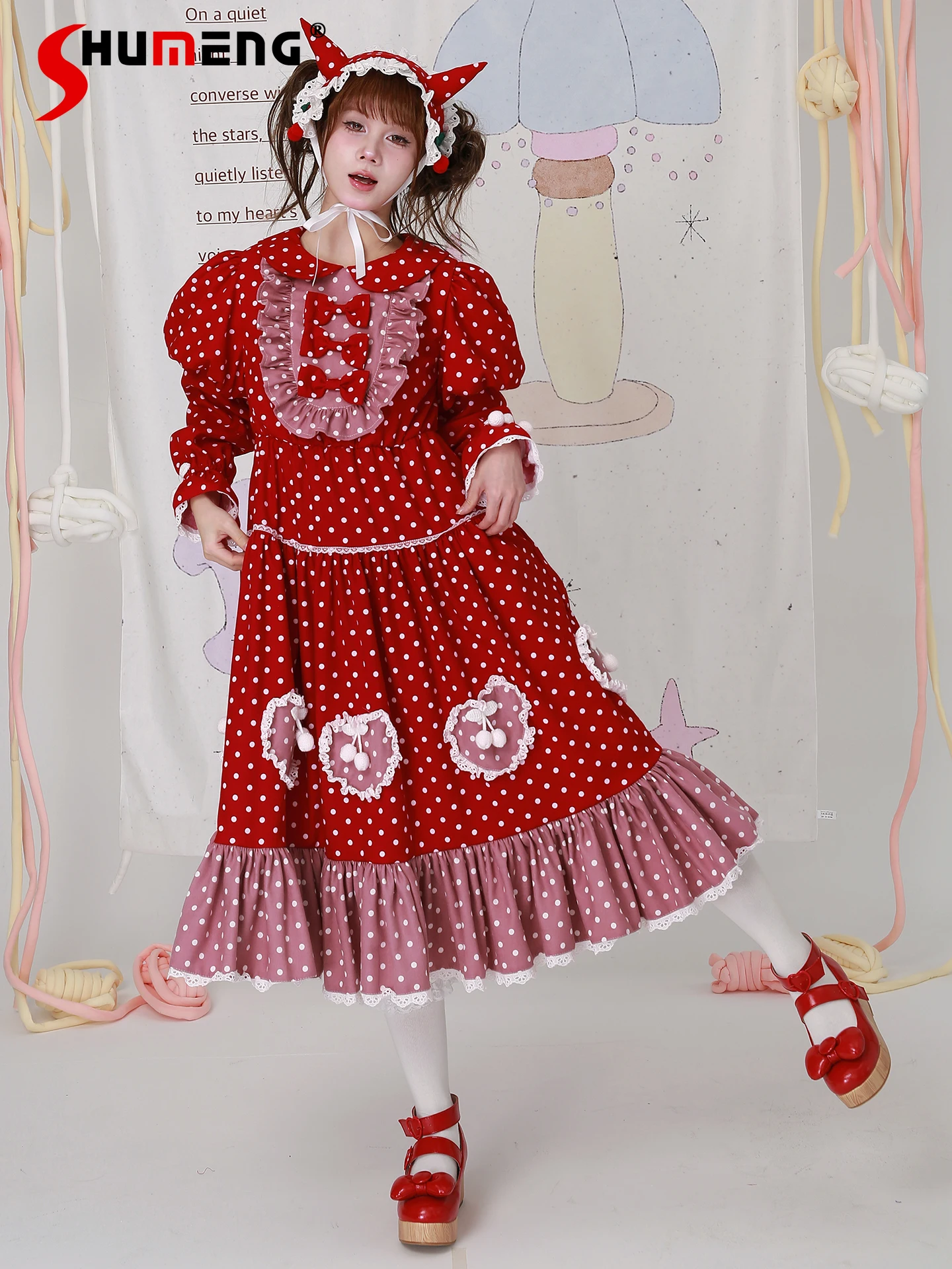 

Original Japanese Retro Sweet Cute Girl Christmas Red Dress Doll Collar Long Sleeve Bow Loose Dot Lolita Long Dress for Women